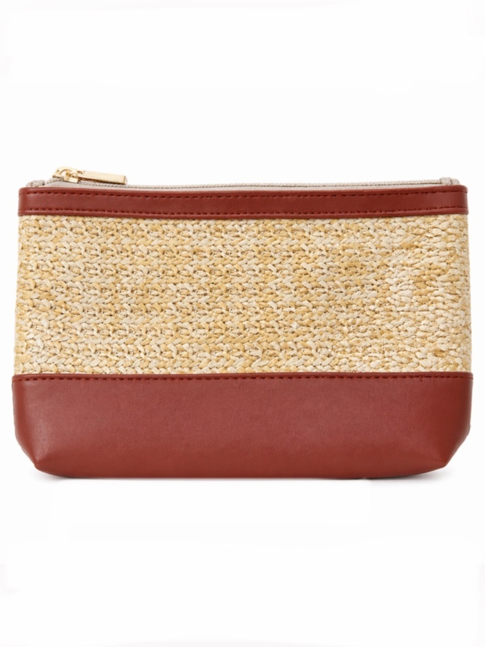 Woven Straw and Brown Lined Clutch/Cosmetic Pouch